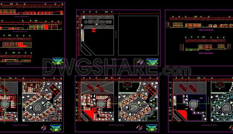 Compilation of CAD drawings for various projects such as restaurants, cafes, and automated parking facilities
