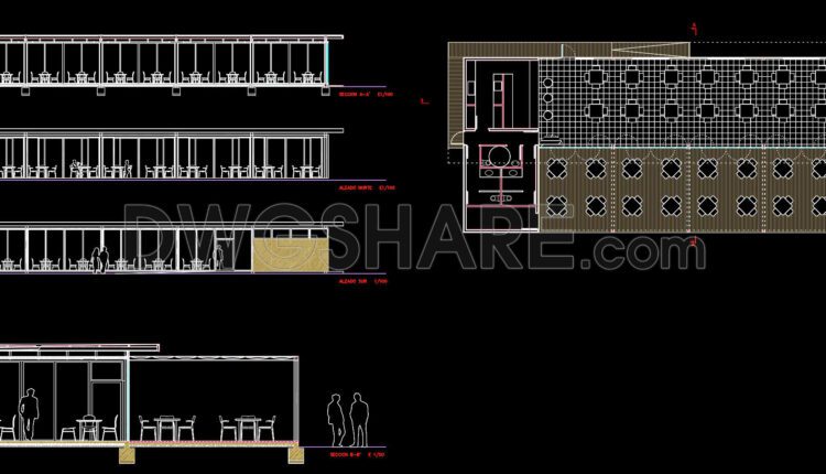 Compilation of CAD drawings for various projects such as restaurants, cafes, and automated parking facilities