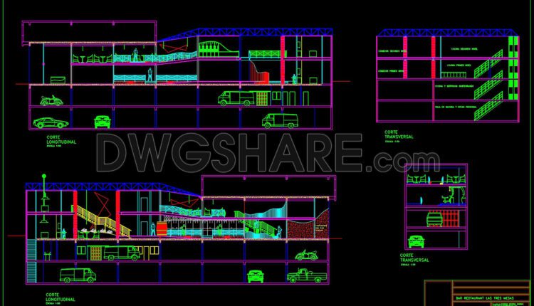 Compilation of CAD drawings for various projects such as restaurants, cafes, and automated parking facilities