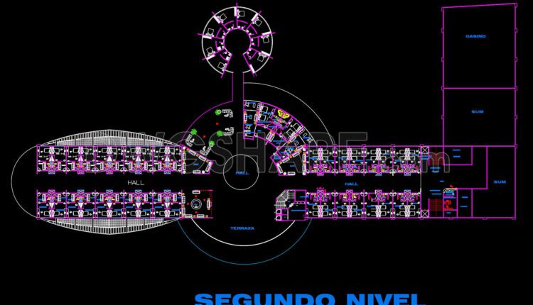 The Autocad drawings of a hotel design with an area of 72m x 39m