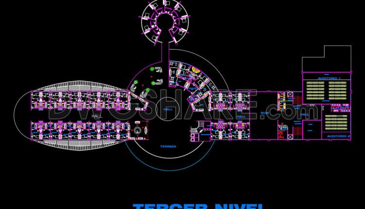 The Autocad drawings of a hotel design with an area of 72m x 39m