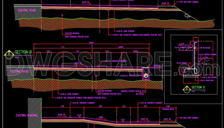 135. Cad Drawing Of Road Concrete Pavement Cross Section Detail For Download