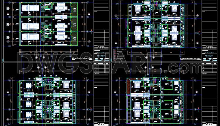245. Cad Drawings Of 4-Story House Interior layout, floor plan, ceiling plan 12.8m x 17m For Download