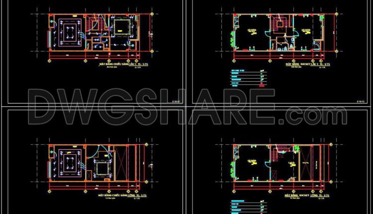 42. CAD drawings for detailed electrical and plumbing designs for a 4-story townhouse with dimensions of 6m x 14.5m