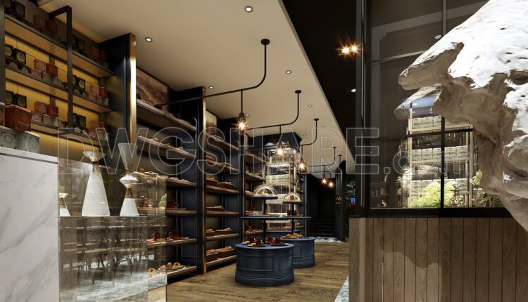 Download the detailed CAD drawing of the bakery restaurant design with an area of 320m2