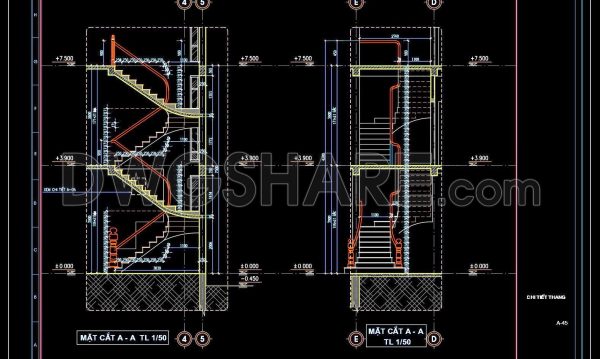 136. Detailed drawings of stairs in autocad file