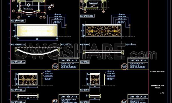 137. A detailed CAD drawing of wrought iron railing for stairs, balconies, and terraces.