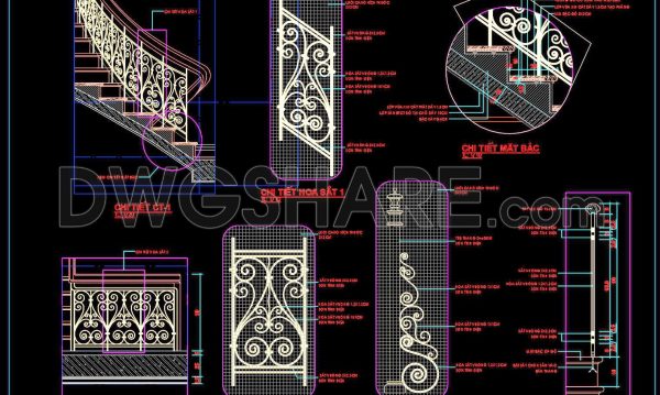 144. The detailed CAD drawing of an artistic wrought iron railing for staircase balustrades