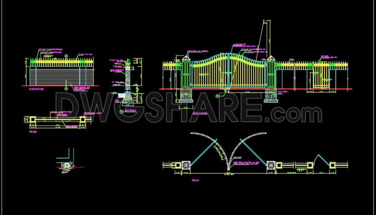 152. Cad Drawing Of Steel Gate Plan Elevation and Sections Details For Download
