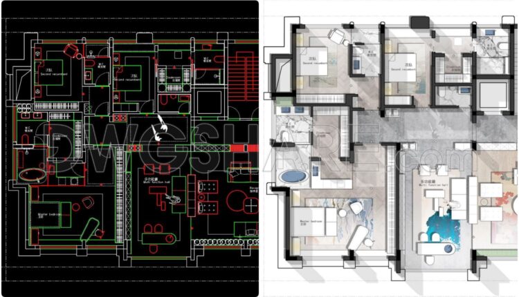 195. Functional floor plan CAD drawing of an apartment with an area of 485m2