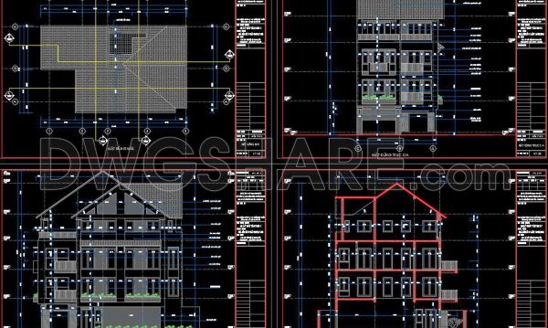 2 years ago
                

                
             2,862247. The CAD drawings of the floor plans and elevations of a 4-story house with dimensions of 9m x 18m