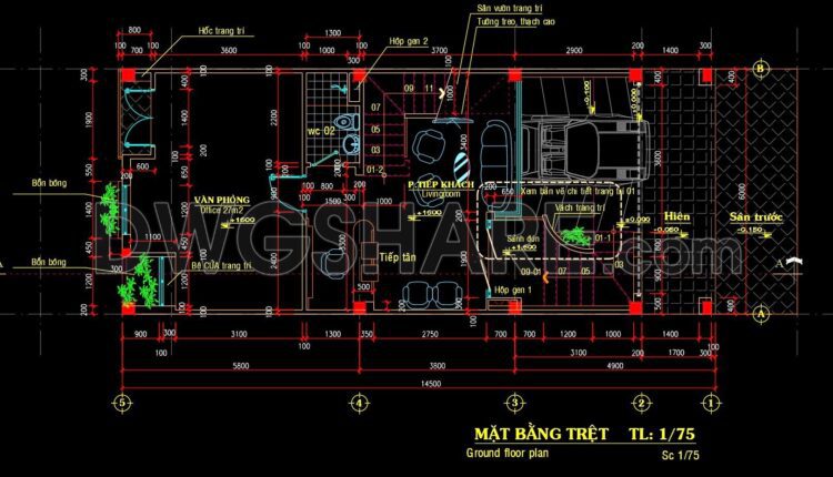 248. The CAD drawings of the floor plan, elevation, and cross-sections of the 5-story house with dimensions of 6m x 14.5m