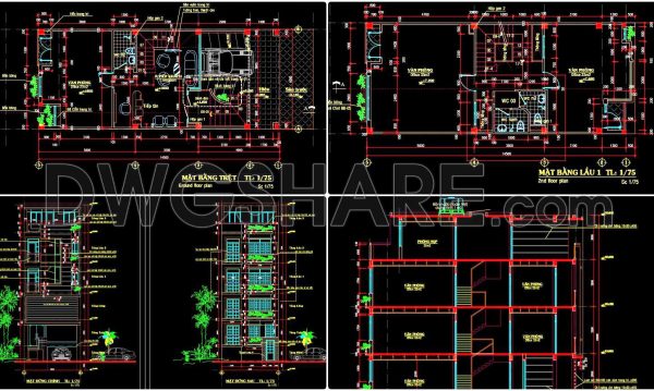 2 years ago
                

                
             2,273248. The CAD drawings of the floor plan, elevation, and cross-sections of the 5-story house with dimensions of 6m x 14.5m