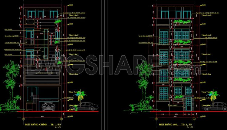 248. The CAD drawings of the floor plan, elevation, and cross-sections of the 5-story house with dimensions of 6m x 14.5m