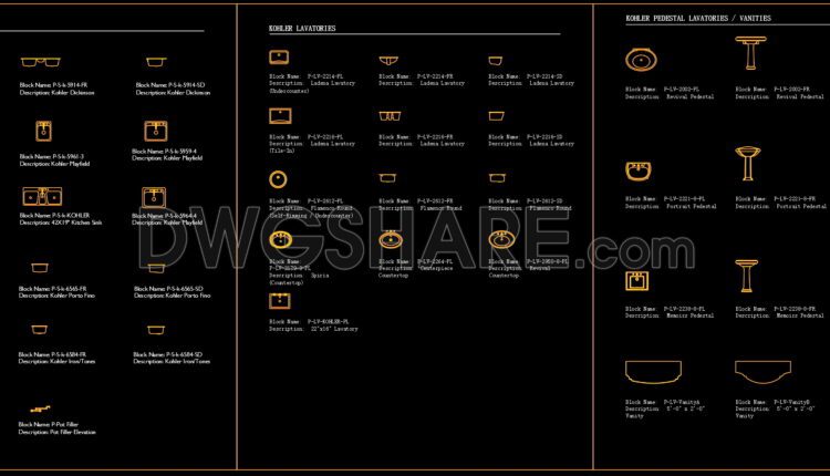 249. CAD blocks for sanitary fixtures, bathtub, basin, shower faucet, and showerhead