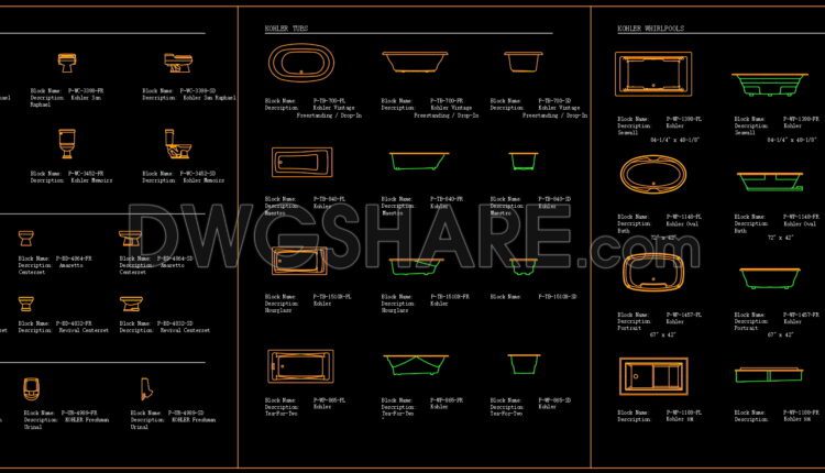 249. CAD blocks for sanitary fixtures, bathtub, basin, shower faucet, and showerhead