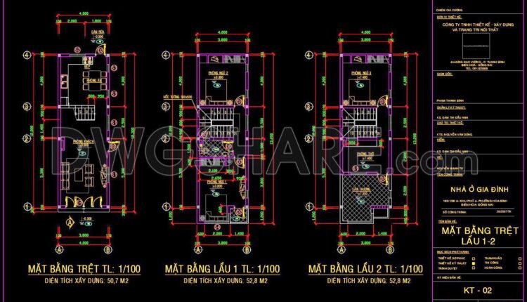 249. The CAD drawings of the floor plan, elevation, and cross-sections of the 3-story house with dimensions of 3.8m x 13.2m