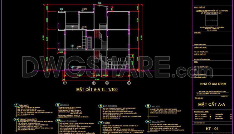 249. The CAD drawings of the floor plan, elevation, and cross-sections of the 3-story house with dimensions of 3.8m x 13.2m