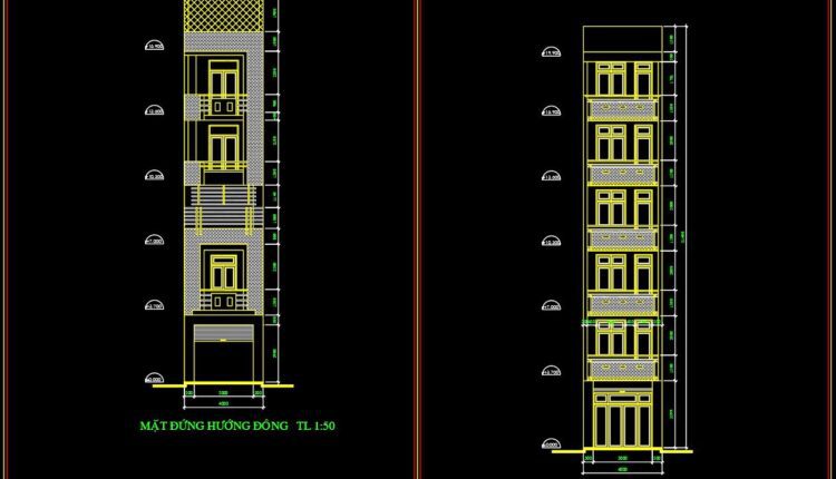 250. The CAD drawings of the floor plan, elevation, and cross-sections of the 6-story house with dimensions of 3m x 21.9m