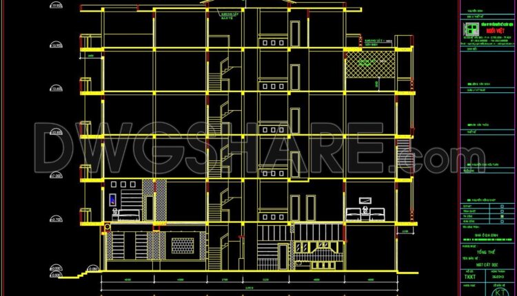 250. The CAD drawings of the floor plan, elevation, and cross-sections of the 6-story house with dimensions of 3m x 21.9m