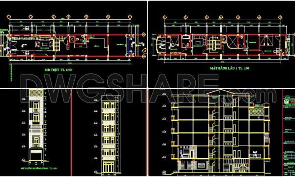 2 years ago
                

                
             1,938250. The CAD drawings of the floor plan, elevation, and cross-sections of the 6-story house with dimensions of 3m x 21.9m