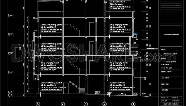 252. The CAD drawings of the floor plan, elevation, and cross-sections of the 5-story house with dimensions of 3.2m x 19.5m