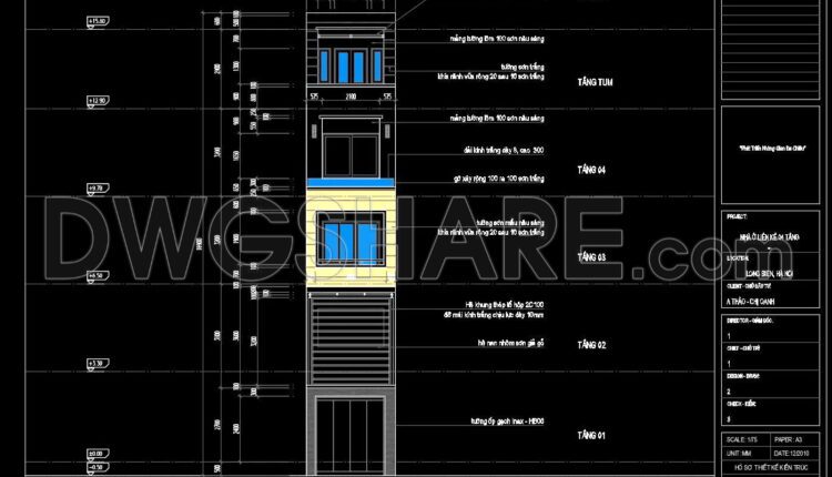 252. The CAD drawings of the floor plan, elevation, and cross-sections of the 5-story house with dimensions of 3.2m x 19.5m