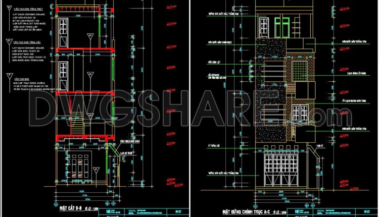 254. The CAD drawings of the floor plan, elevation, and cross-sections of the 4-story house with dimensions of 5.2m x 14.8m