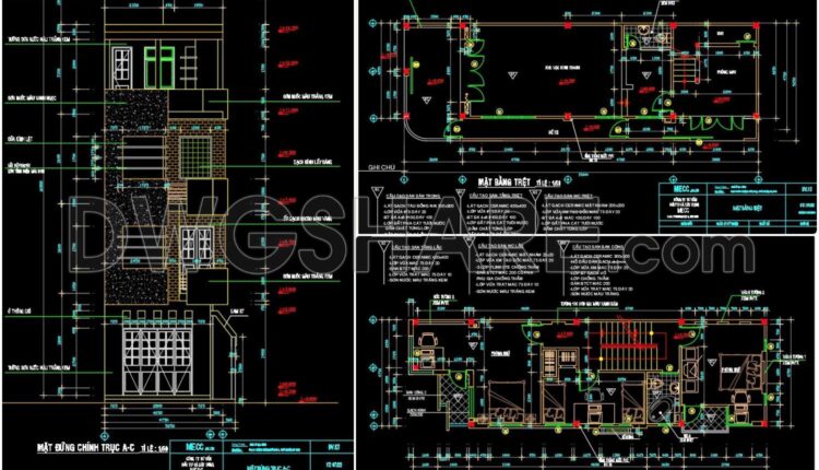 254. The CAD drawings of the floor plan, elevation, and cross-sections of the 4-story house with dimensions of 5.2m x 14.8m