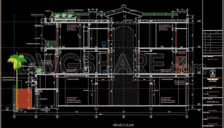 255. The CAD drawings of the floor plan, elevation, and cross-sections of the 3-story house with dimensions of 6m x 23m