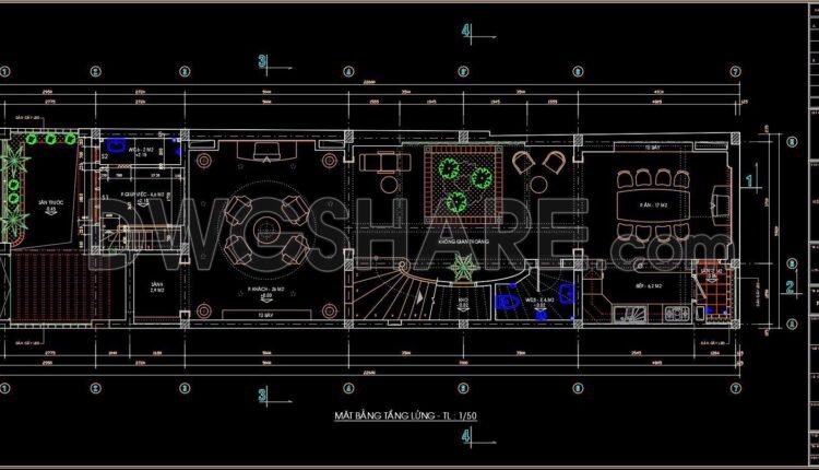 255. The CAD drawings of the floor plan, elevation, and cross-sections of the 3-story house with dimensions of 6m x 23m