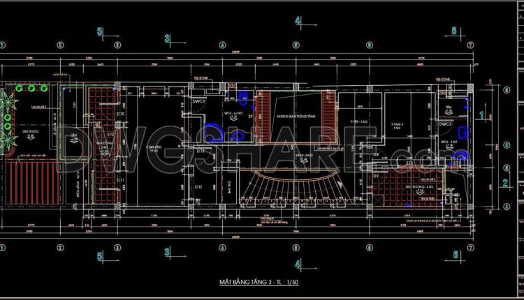 255. The CAD drawings of the floor plan, elevation, and cross-sections of the 3-story house with dimensions of 6m x 23m