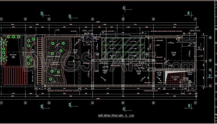 255. The CAD drawings of the floor plan, elevation, and cross-sections of the 3-story house with dimensions of 6m x 23m