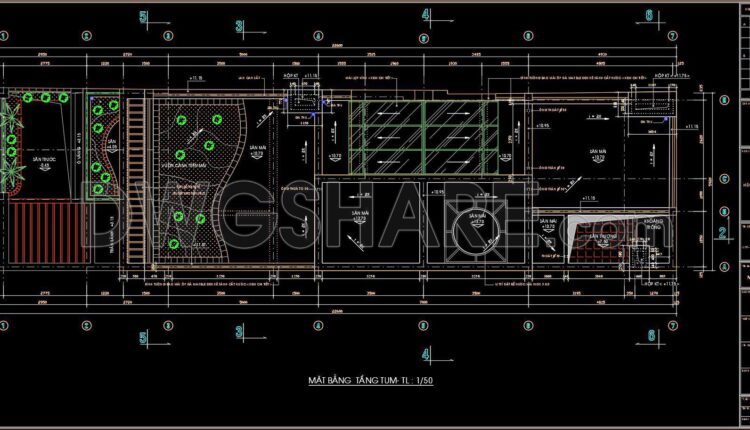 255. The CAD drawings of the floor plan, elevation, and cross-sections of the 3-story house with dimensions of 6m x 23m