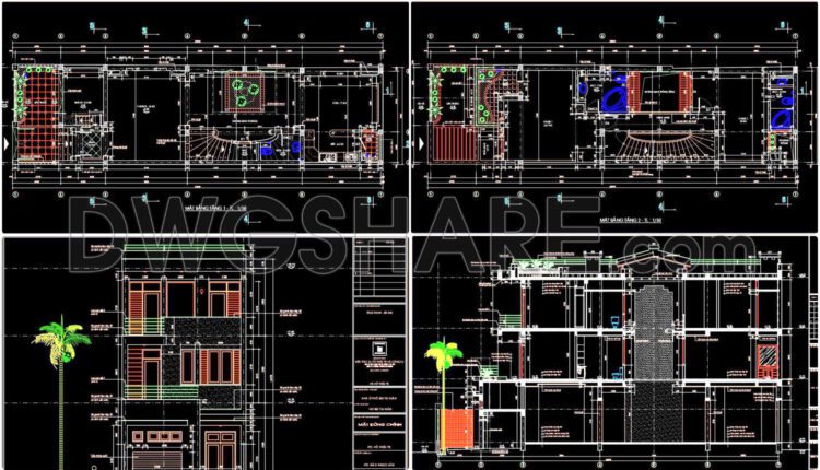 255. The CAD drawings of the floor plan, elevation, and cross-sections of the 3-story house with dimensions of 6m x 23m