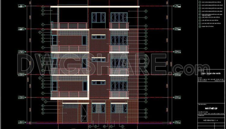 256. The CAD drawings of the floor plan, elevation, and cross-sections of the 4-story house with dimensions of 4.5m x 12m