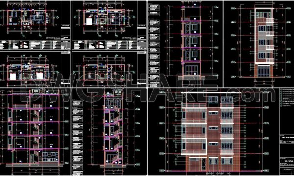 2 years ago
                

                
             3,816256. The CAD drawings of the floor plan, elevation, and cross-sections of the 4-story house with dimensions of 4.5m x 12m