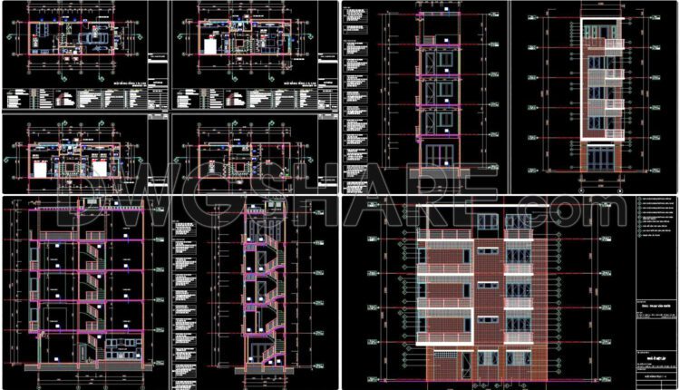 256. The CAD drawings of the floor plan, elevation, and cross-sections of the 4-story house with dimensions of 4.5m x 12m