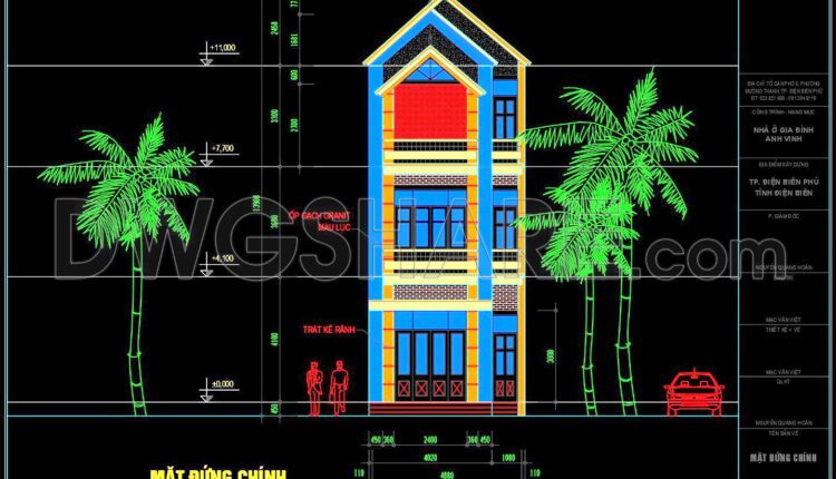 257. The CAD drawings of the floor plan, elevation, and cross-sections of the 3-story house with dimensions of 5.1m x 18.6m