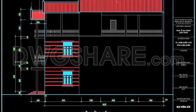 257. The CAD drawings of the floor plan, elevation, and cross-sections of the 3-story house with dimensions of 5.1m x 18.6m