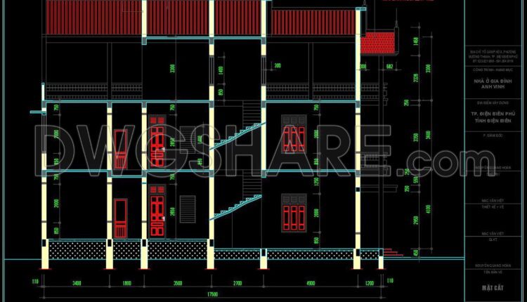 257. The CAD drawings of the floor plan, elevation, and cross-sections of the 3-story house with dimensions of 5.1m x 18.6m
