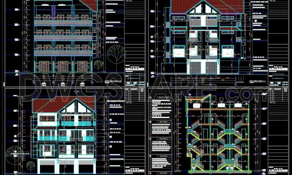 258. The CAD drawing of the elevation of a 4-story house with dimensions of 14.2m x 12.7m