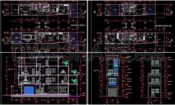 2 years ago
                

                
             3,069259. The CAD drawings of the floor plan, elevation, and cross-sections of the 4-story house with dimensions of 3.9m x 17.2m