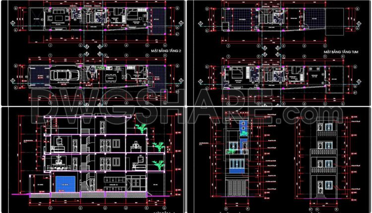 259. The CAD drawings of the floor plan, elevation, and cross-sections of the 4-story house with dimensions of 3.9m x 17.2m