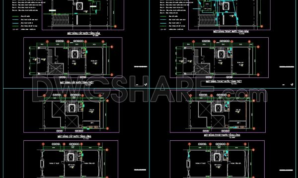 46. CAD drawings for detailed plumbing designs for a 4-story townhouse with dimensions of 8m x 17m