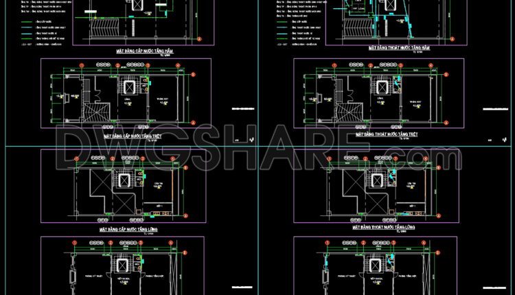 46. CAD drawings for detailed plumbing designs for a 4-story townhouse with dimensions of 8m x 17m