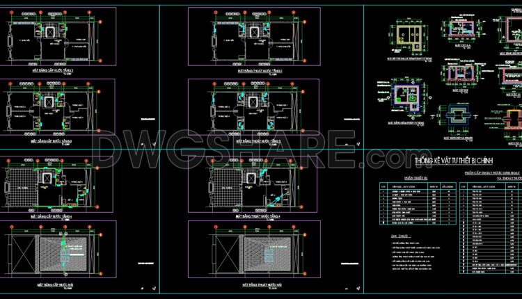 46. CAD drawings for detailed plumbing designs for a 4-story townhouse with dimensions of 8m x 17m