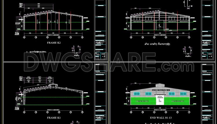 51. Cad Drawings Of Steel Factory Plan, Sections and Elevation 30m x 96m For Download
