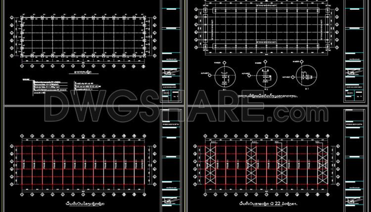 51. Cad Drawings Of Steel Factory Plan, Sections and Elevation 30m x 96m For Download