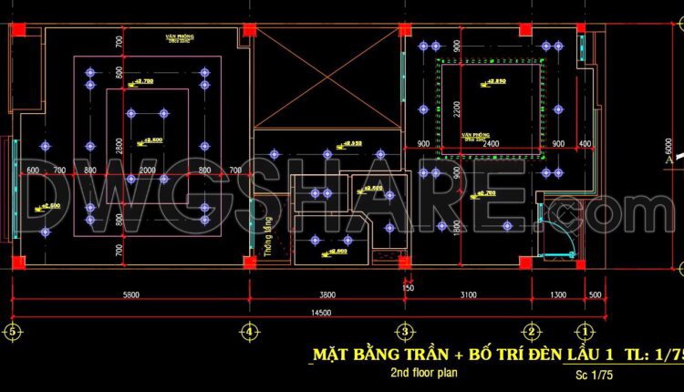 64. CAD drawings provide detailed specifications for the ceiling and lighting fixtures in a three-story townhouse